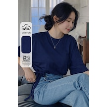 Kadın Oversize Basic Haki Tişört Yan Bağlamalı Rahat Kesim Günlük Yazlık T-shirt Lacivert