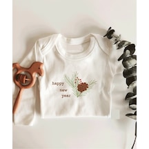 İmaj Tuğbababy Yeni Yıl Çam Ağacı Yaprağı Uzun Kol Çıtçıtlı Organik Bebek Body Beyaz