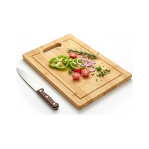 Dikdörtgen Bambu Kesme Tahtası 34x24 Cm Antibakteriyel, Oluklu Ve Kulplu Doğrama Tahtası Et, Sebze Ve Ekmek Tahtası 12v