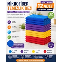 Muggio 32x32 Mikrofiber Temizlik Bezi 12'li Set 4 Renk, Yüksek Emicilik, Leke Tutmaz, Koku Yapmaz Çok Renkli