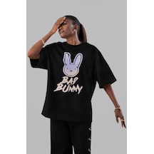 Sevbano Bad Bunny Rapper Şarkıcı Ön Baskılı Unisex Oversize Tişört Siyah
