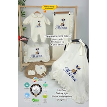 Gros Shop Müslin Yeni Doğan 4katlı Organik %100pamuk Kişiye Özgü Nakışlı Hastane Çıkış Seti Balonlu Aslan-4 Ekru-1