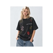 Smıley Crystal Washed Taş İşlemeli Antrasit T-shirt Antrasit Gri Antrasit Gri