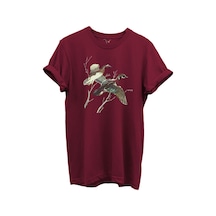 Uçan Yaban Ördekleri Çizim Baskılı %100 Pamuk Regular Fit Bisiklet Yaka Unisex T-shirt Bordo