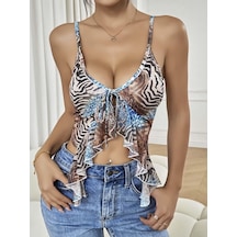 Kadın Siyah Leopar Desenli Crop Askılı Önden Bağlama Fırfır Detaylı 5091 Siyah