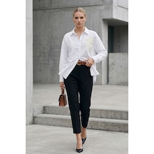 Kadın Beyaz Gömlek Düz Nakış Detaylı Uzun Kollu Oversize Şık Günlük Smart Casual Bluz - Kadın Gömlek