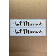 Gelin Arabası Plakalık Just Married Yazılı Beyaz Üzeri Gold Yazı Kendinden Yapışkanlı