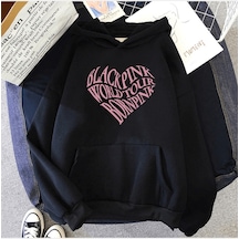 Black Pink Yazılı Kalp Kapşonlu Sweatshirt Siyah