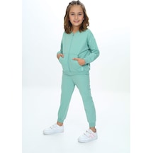 Toontoy Kids Toontoy Kız Çocuk 2'li Takım Nakış Baskılı Kolej Yaka Fermuarlı Cepli Sweatshirt & Beli Paçası Ribanalı Jogger Eşofman Altı - 2 İplik Yeşil