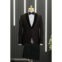 Slimfit Armürlü Kırlangıç Kadife Yaka Yelekli Papyonlu Smokin Takım Elbise 001
