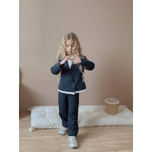Miniko Kids Kız Çocuk Poliviskon Çizgili Blazer Ceket Pantolon Dokuma Kumaş Takım Lacivert