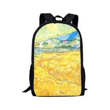 Genç Erkek Kız Polyester Kumaş Çok Renkli Graffiti Sırt Çantası Van Gogh Buğday Tarlası Tasarımı Siyah