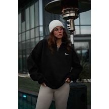 Velmora Fashion Kadın Yarım Fermuarlı Üç İplik Şardonlu Pamuklu Sweatshirt - Siyah