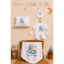 Pia Baby Erkek Bebek Kişiye Özel Hastane Çıkışı Tulum Seti %100 Pamuk Organik Baskılı Battaniye Ve Yastık Kılıfı 1070tybyx Ekru
