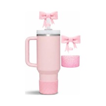 Pembe Simli Silikon Termos Taban Koruyucu Ve Fiyonk Pipet Tıpası Seti