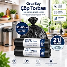 Çöp Torbası Orta Boy,55x60cm,sızdırmaz,dayanıklı,ruloda 20 Adet, Siyah2rulo