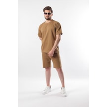 Madmext Kapüçino Overfit Baskılı Erkek Şort T-shirt Takım E7302 Kapuçino Sütlü Kahverengi