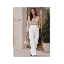 Genel Markalar Duble Kumaş Beli Kuşaklı Bol Paça Pantolon- Beyaz - 870050757 Beyaz