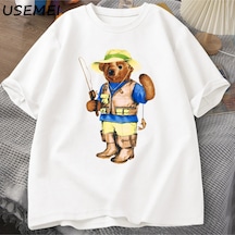 Classic Bear Print T Shirt Brand Men Summer Cotton T-shirt Short Sleeved Funny Graphic Tees C Beyaz