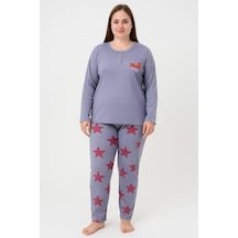 Pemilo Kadın 05117 Büyük Beden % 100 Pamuk Raporlu Pijama Takımı İndigo