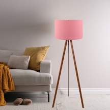 Pratik Ahşap Üç Ayaklı Tripod Lambader Pembe Kumaş Başlık Salon Oturma Odası Köşe Lambası Pembe