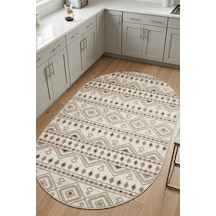 Raschel Carpet Oval Premium Yıkanabilir Leke Tutmaz Mutfak Halısı Etnik Desen Bej Özel Seri Kaymaz Taban Halı Çok Renkli
