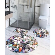Plaj Taşları, Kaymaz, Pamuk Taban Yuvarlak Banyo Halısı 100x100-60x60-40x60 Cm 3 Lü Set Arb8067 Çok Renkli