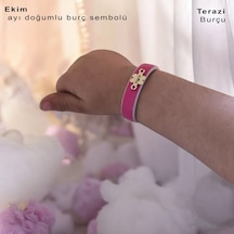 Ekim Ayı Doğumlarına Doğal Pembe Derili 14 Ayar Altın Plakalı Çiçek Motifli Hediye Bileklik-383ay Ekim