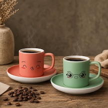 Bk Gift 2'li Somon Ve Yeşil Renkli Emoji Yüz Tasarımlı Seramik Türk Kahvesi Fincanı Takımı-7 Çok Renkli
