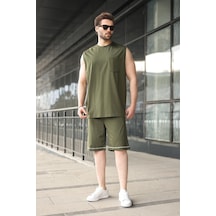 Madmext Haki Bisiklet Yaka Kolsuz Erkek Şort T-shirt Takım E7351 Haki