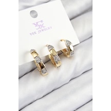 Pirinç Zirkon Taşlı 3'lü Halka Model Gold Ve Gümüş Renk Kadın Küpe Çok Renkli