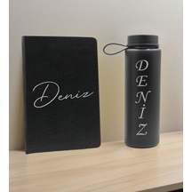 Bk Gift Kişiye Özel İsimli Siyah Defter Ve Cam Matara Hediye Seti-1, Sevgiliye Hediye, Arkadaşa Hediye, Yeni İş Hediyesi