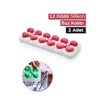 2 Adet 12 Gözlü Kalpli Silikon Kalpli Buzluk Kalıbı Kapaklı Çok Renkli