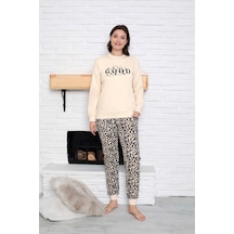 Guava Kadın Bisiklet Yaka Bilek Manşet/lastikli 2 İplik Cepli Kışlık Jogger Eşofman Pijama Takımı Homewear Leopar Çok Renkli