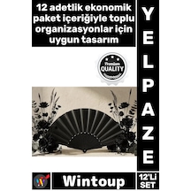 Yelpaze Kaliteli Yazlık Serinletici Dekoratif Nikah Davet Şık Plastik Düz Siyah Kumaş Yelpaze 12'li