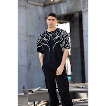 Wear Vexel Erkek Yıldırım Şimşek Baskılı T-shirt Kısa Kol Bisiklet Yaka Tişört - Siyah Çok Renkli