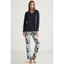 Alin 328 Yumuşak Doku Uzun Kol Kadın Pijama Takımı Lacivert Lacivert