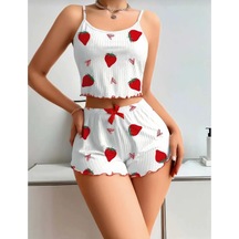 La Vıor Kadın Çilek Desenli Pijama Takımı Beyaz