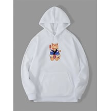 Harmandar 3 İplik Anime Kedi Baskılı Beyaz Kanguru Cepli Kapüşonlu Sweatshirt Hoodie Animekedibeyazsweat