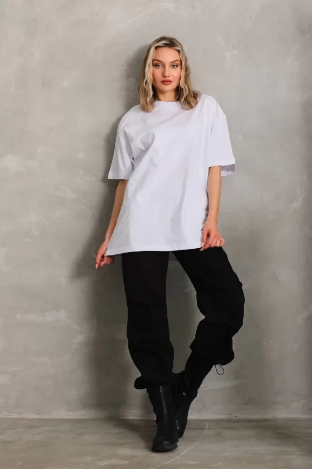 Nova Bazaar Unisex Bisiklet Yaka 20/1 Düz Oversize T-shirt - Beyaz Beyaz