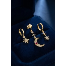 Mey İthalat Gold Renk 3 Lü Ay Ve Yıldız Model Küpe Çok Renkli