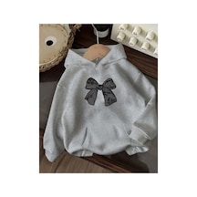 Herkesemoda Kurdele Baskı Detaylı İçi Polarlı Kapüşonlu Sweatshirt Gri