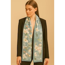 Beyaz Zambak Desen Kadın Saten Fular 30x165cm Çok Renkli