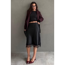 Madmext Siyah Dantel Detaylı Midi Boy Saten Etek Mg2673 Siyah