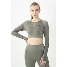 Maraton Active Slimfit Kadın Bisiklet Yaka Uzun Kol Fitness Açık Haki Crop Top 816013 Açık Haki