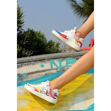 Kadın Vegan Deri Beyaz Sneakers - Painting İn Harmony Tasarım Çok Renkli