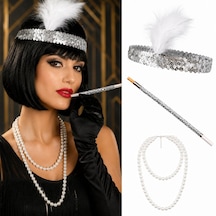 1920&amp 39 Ler - 963 - Gatsby Gümüş Parti Seti - Çarliston Saç Bandı, İnci Kolye Ve - Edntrend - Sigara Tutacağı