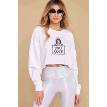 Stranger Things You Suck Baskılı Crop Kadın Beyaz Sweatshirt