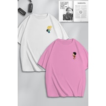 Unisex Kadın Erkek Ve Chen Baskılı Sevgili Çift Kombini Tasarım Oversize Tshirt 2'li Pembebeyaz Mck0193 Çok Renkli