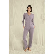 Red Womans Uzun Kollu Boydan Düğmeli V Yaka Pijama Takımı Gri